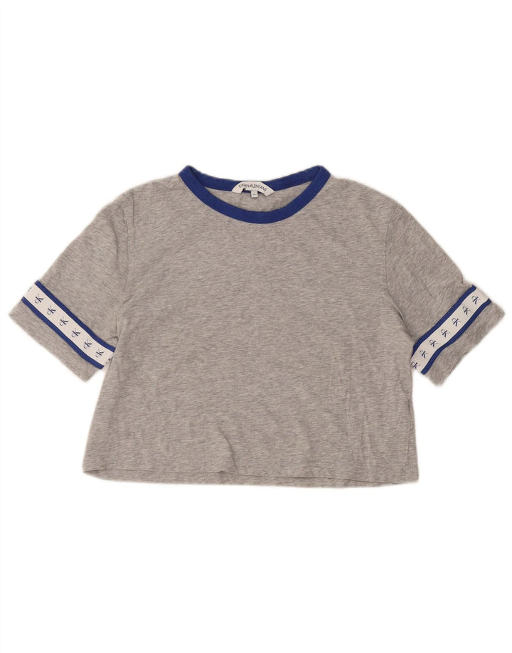 CALVIN KLEIN Camiseta Feminina Crop Graphic Top UK 6 XS Algodão Cinza