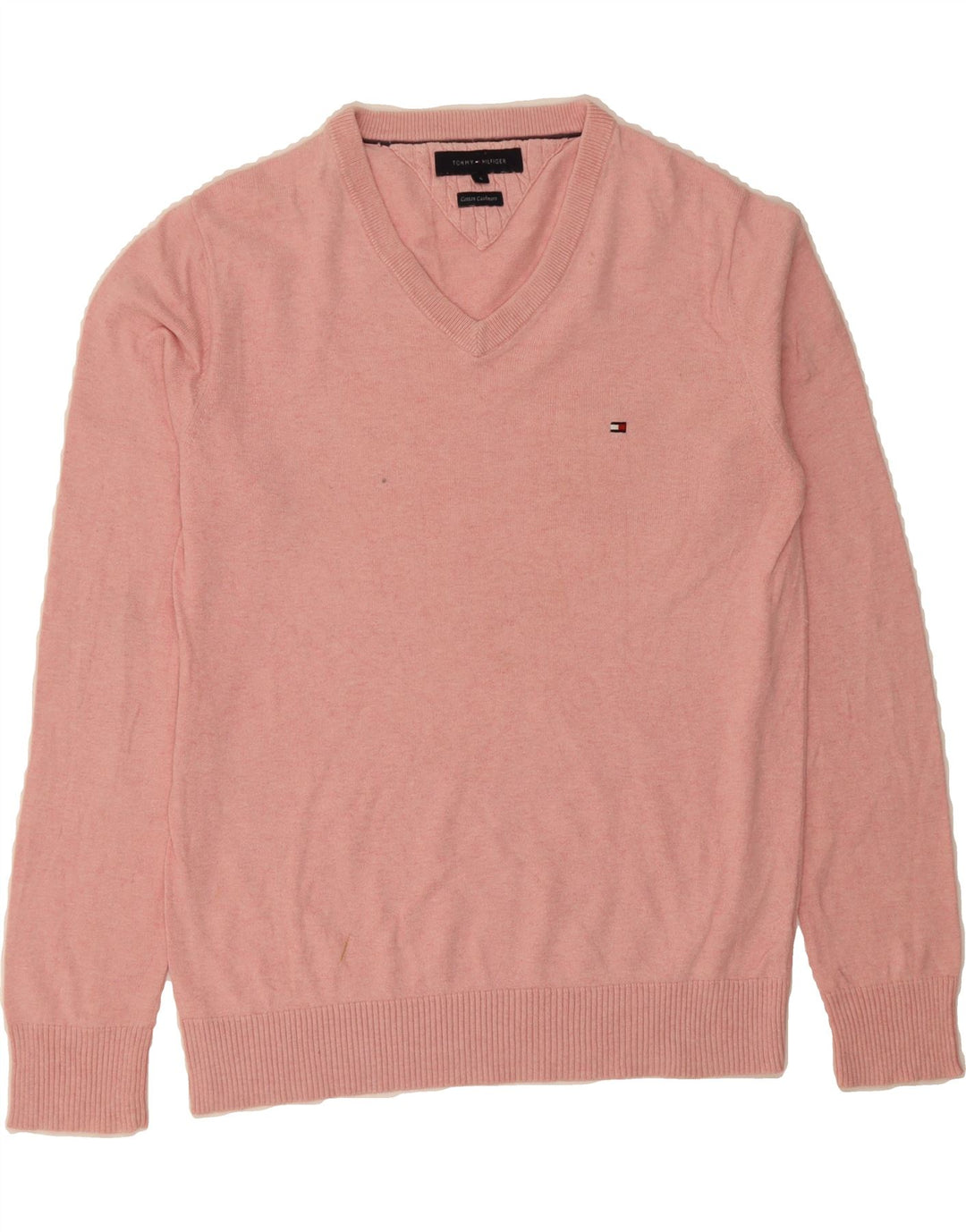 TOMMY HILFIGER Mens V-Neck Jumper Sweater Small Pink Cotton Vintage Tommy Hilfiger and Second-Hand Tommy Hilfiger from Messina Hembry 