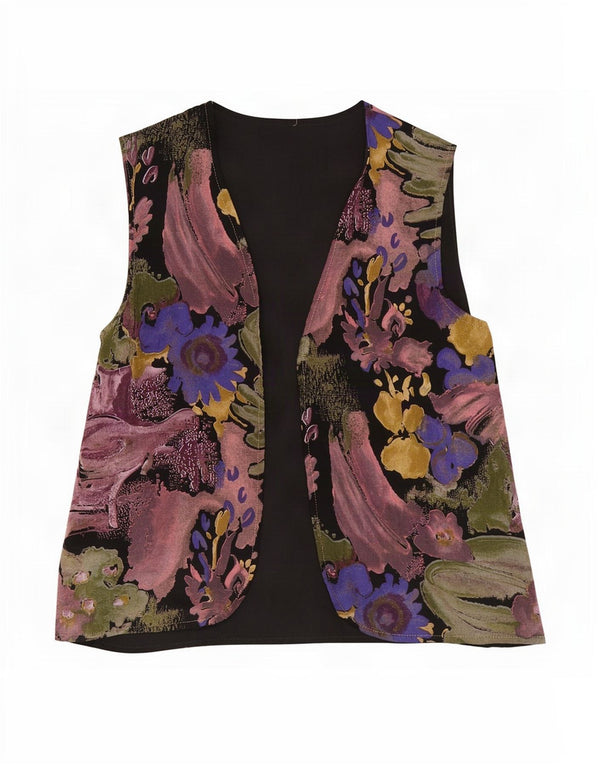 Colete vintage feminino aberto Reino Unido 16 grande floral multicolorido