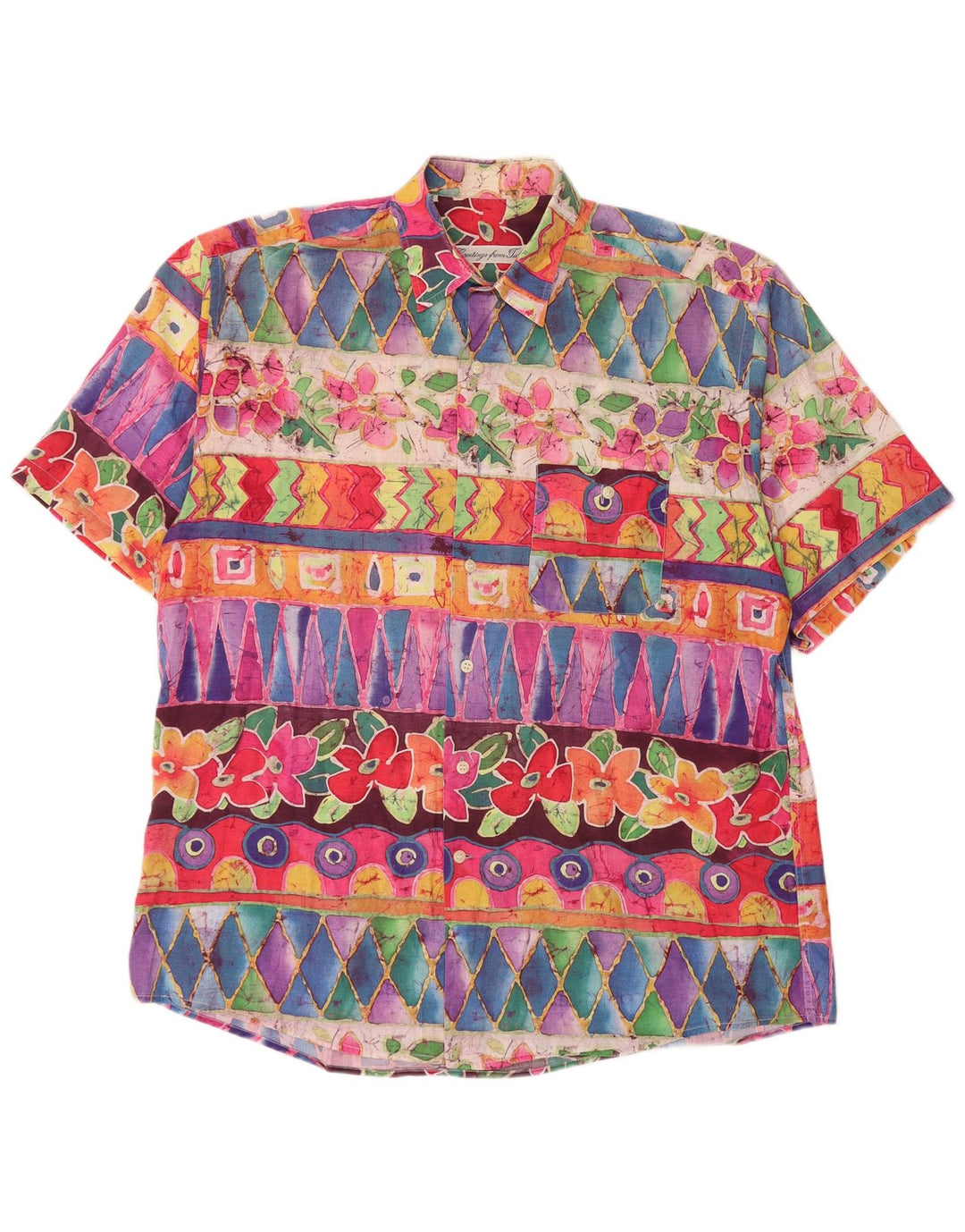 Camisa masculina VINTAGE de manga curta grande geométrica multicolorida
