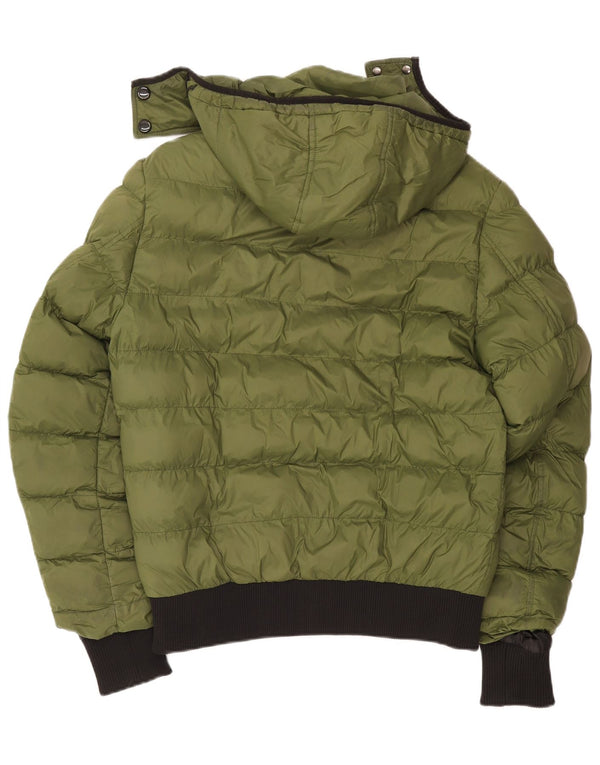 Jaqueta acolchoada com capuz feminina vintage Reino Unido 16 grande bloco colorido verde nylon