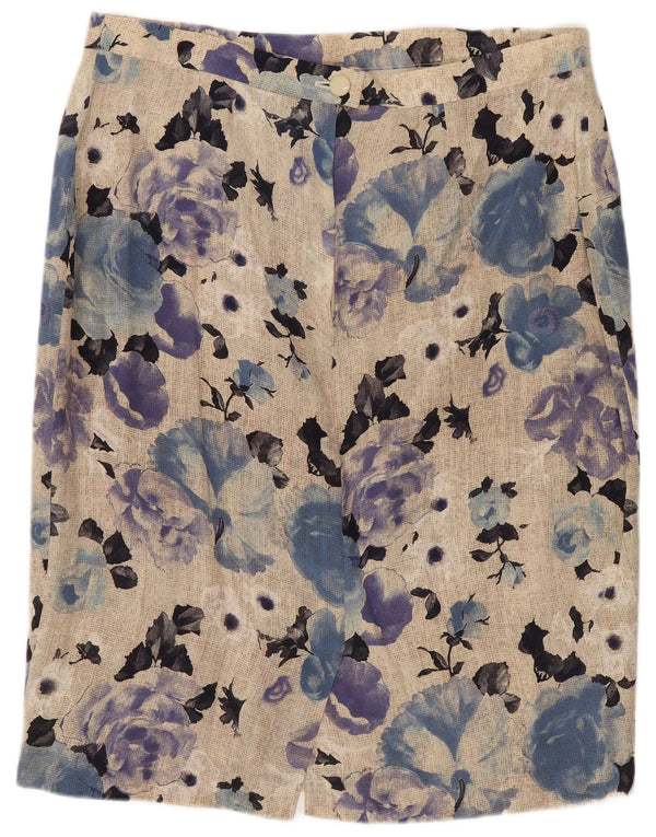 Saia reta feminina vintage IT 48 XL W34 seda floral multicolorida