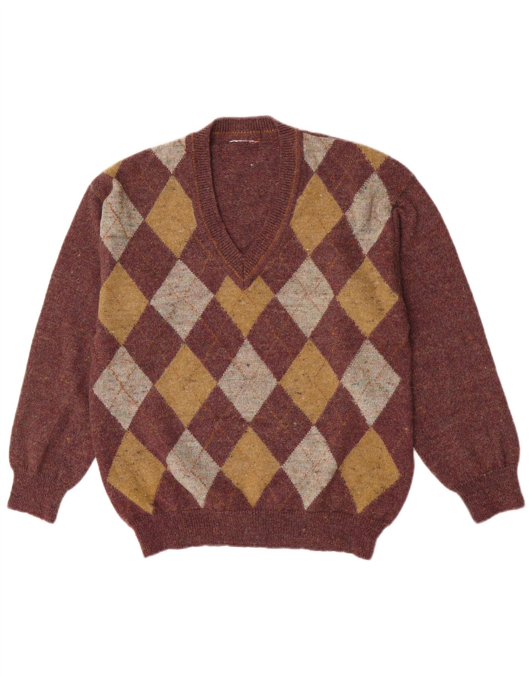 Suéter masculino vintage com decote em V médio Borgonha Argyle/Diamante