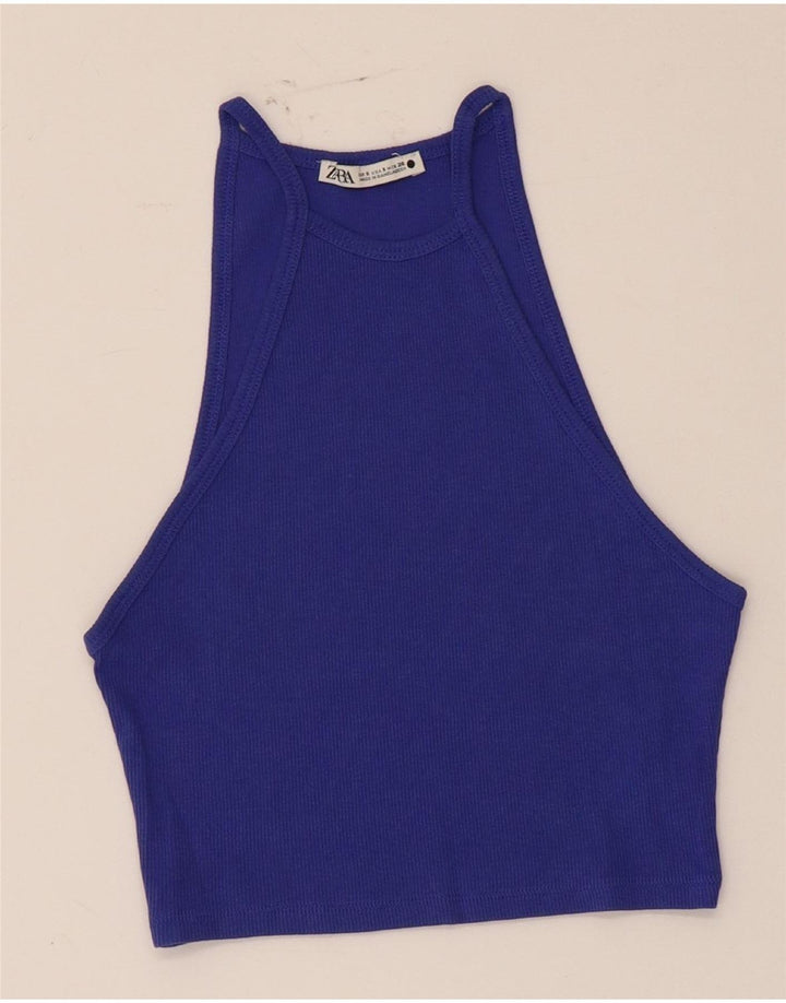Top Cropped Halter Feminino Zara UK 8 Pequeno Azul Algodão