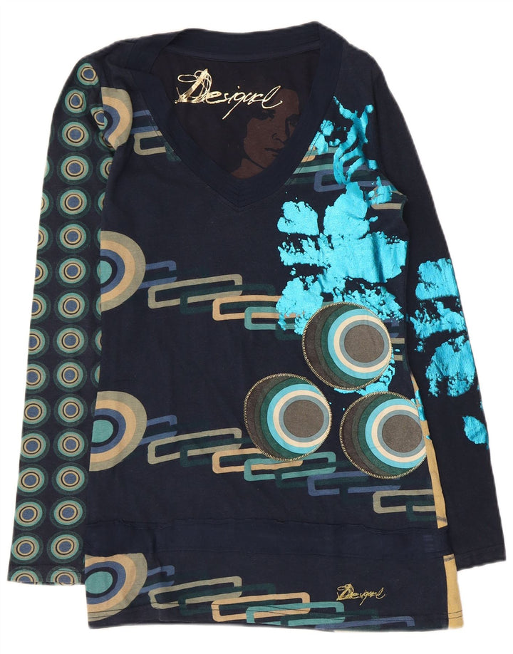 Desigual Top gráfico feminino manga comprida Reino Unido 10 pequeno azul marinho