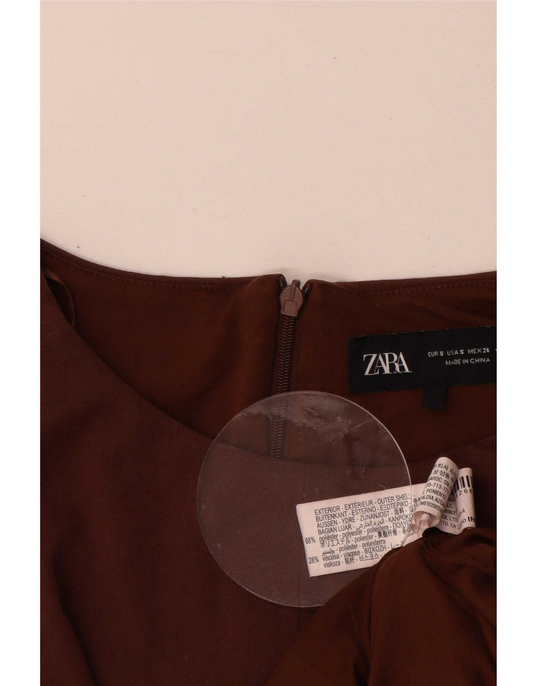 Vestido feminino Zara sem mangas evasê UK 10 pequeno poliéster marrom