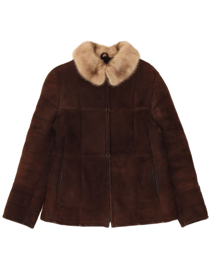 Jaqueta Shearling Feminina Vintage Reino Unido 14 Marrom Médio