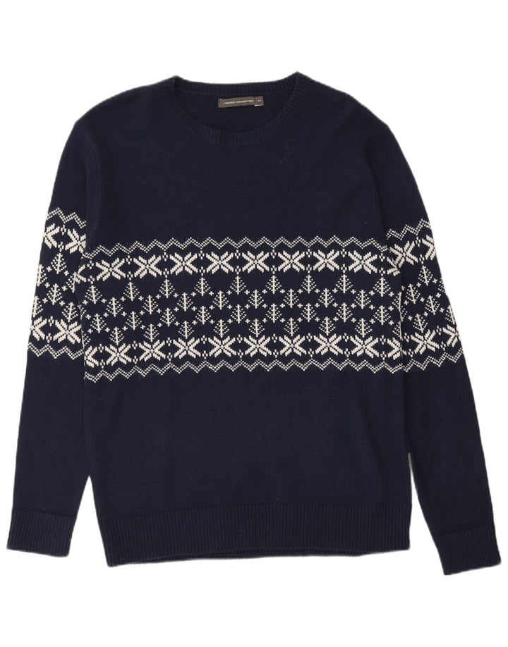 FRENCH CONNECTION Suéter masculino com gola redonda médio azul marinho Fair Isle