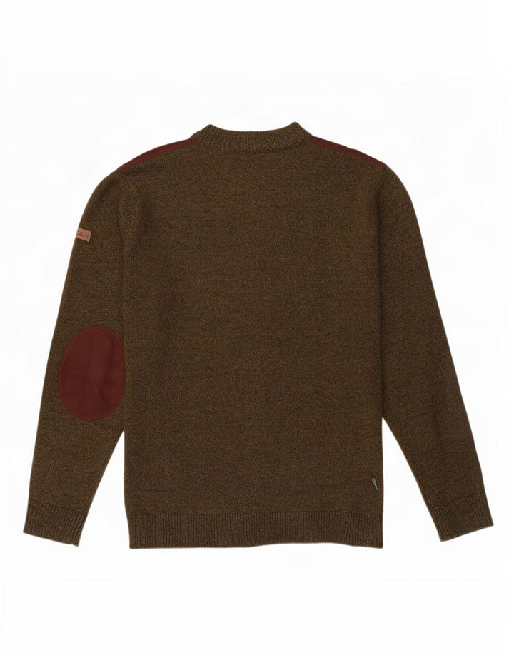 Suéter masculino percussão com gola redonda, grande cáqui, bloco colorido, acrílico