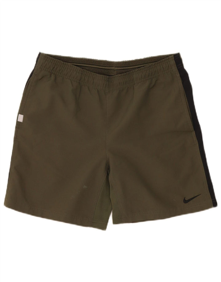 Shorts esportivos masculinos Nike Dri Fit pequenos cáqui colorblock poliéster