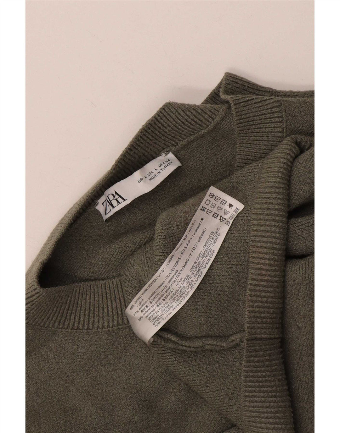 Suéter feminino Zara com gola alta e botão grande Reino Unido 16 grande viscose cáqui