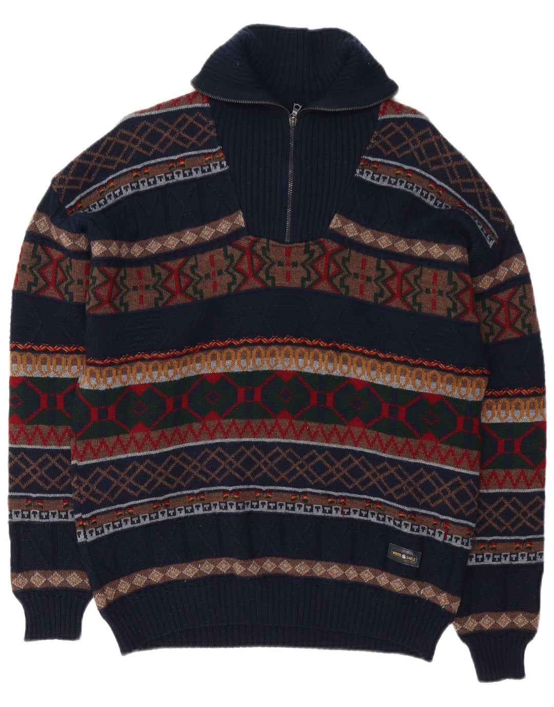 Suéter masculino branco Sails com zíper e gola grande, azul marinho, lã Fair Isle