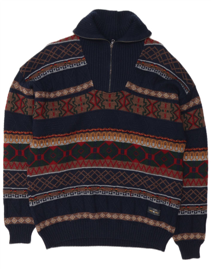Suéter masculino branco Sails com zíper e gola grande, azul marinho, lã Fair Isle