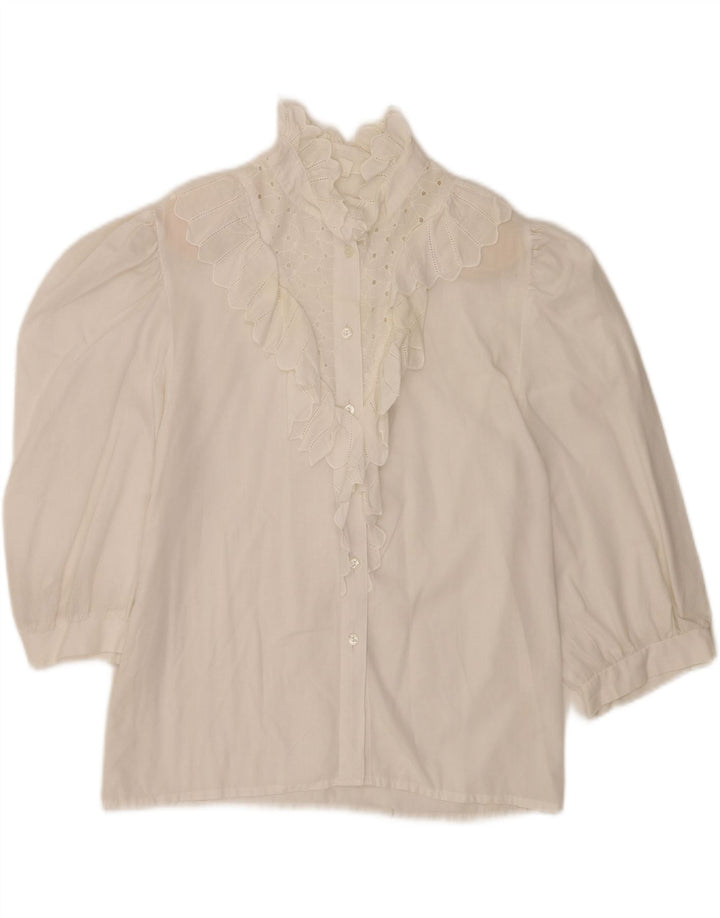 Blusa feminina vintage manga 3/4 com babado frontal Reino Unido 12 médio branco