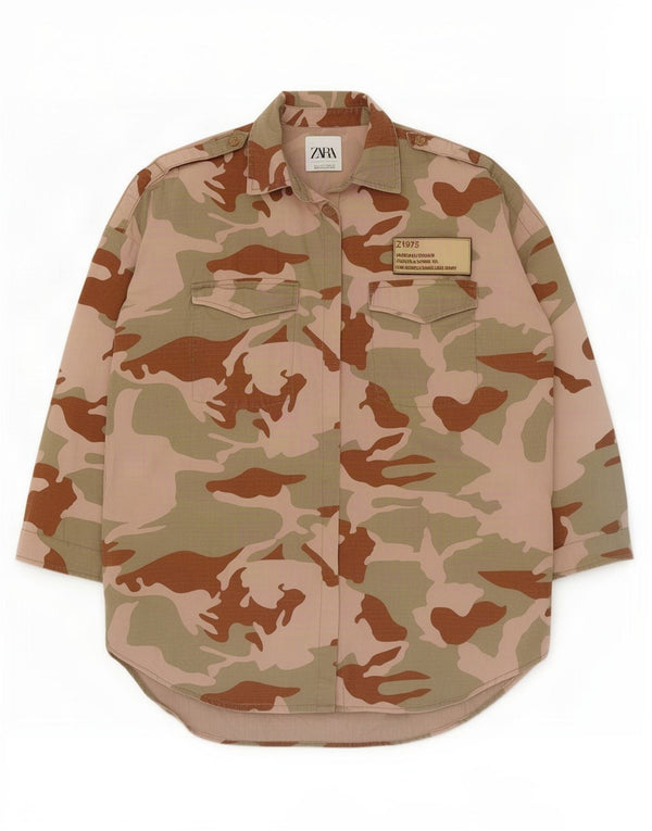 Camisa militar oversized feminina Zara Reino Unido 10 pequena camuflagem multicolorida