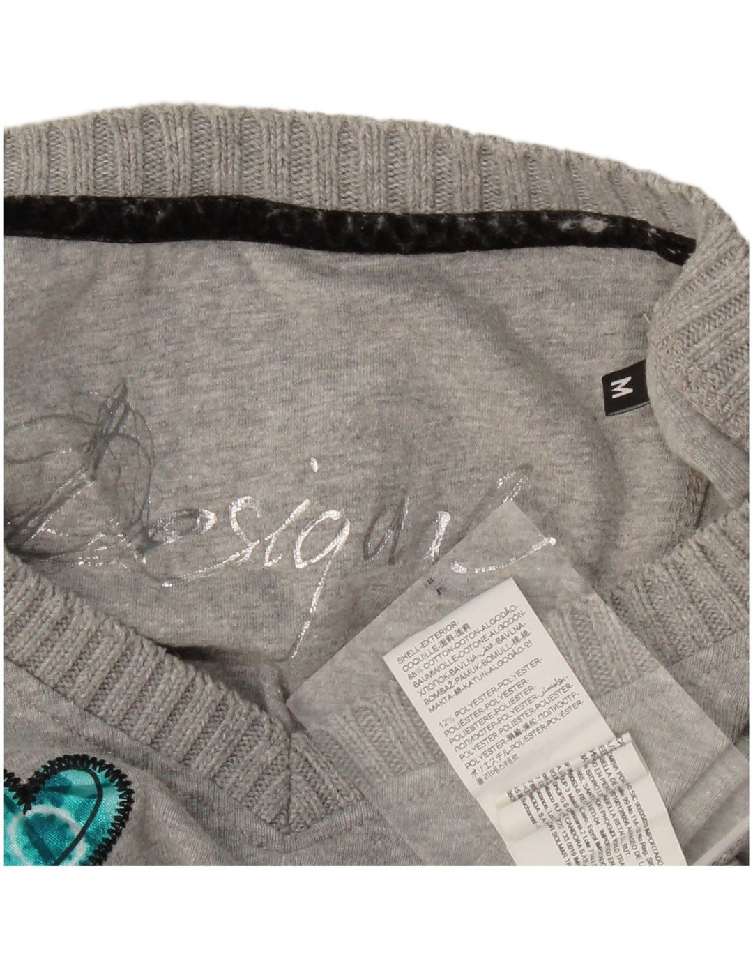 DESIGUAL Top gráfico feminino manga comprida Reino Unido 12 cinza médio Paisley coração