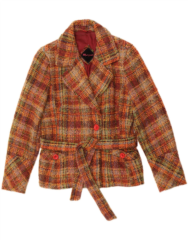 Jaqueta blazer feminina Monsoon com 1 botão Reino Unido 12 lã xadrez marrom médio