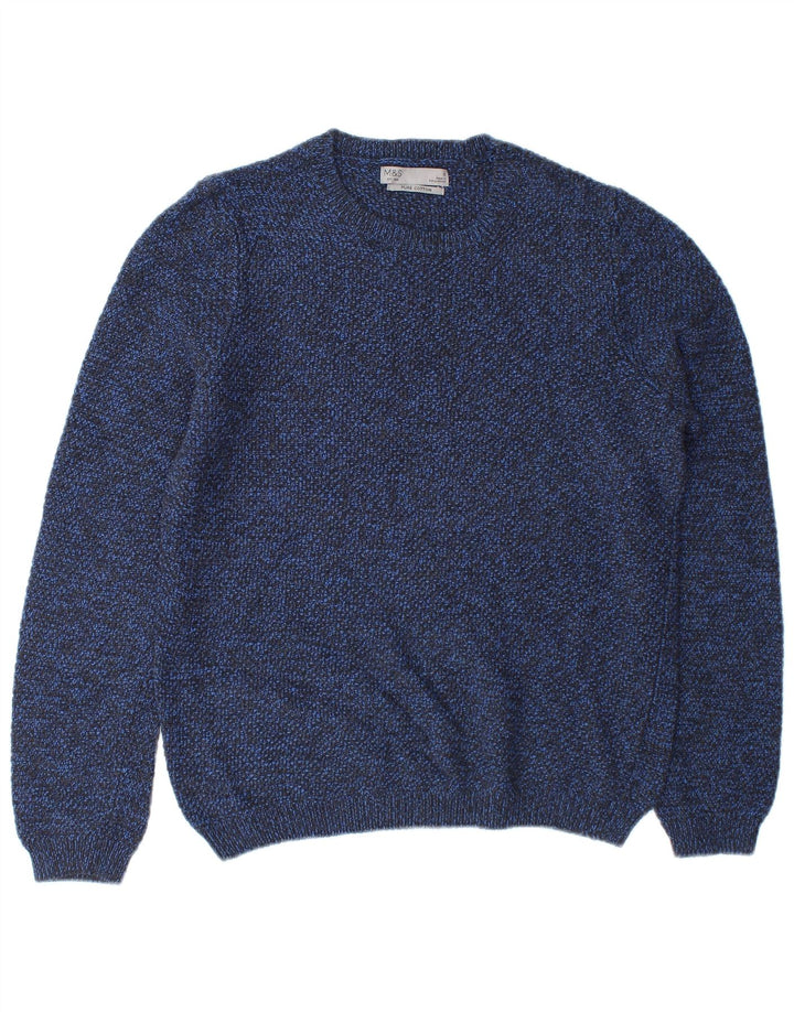 Suéter masculino Marks & Spencer com gola redonda e algodão manchado azul pequeno