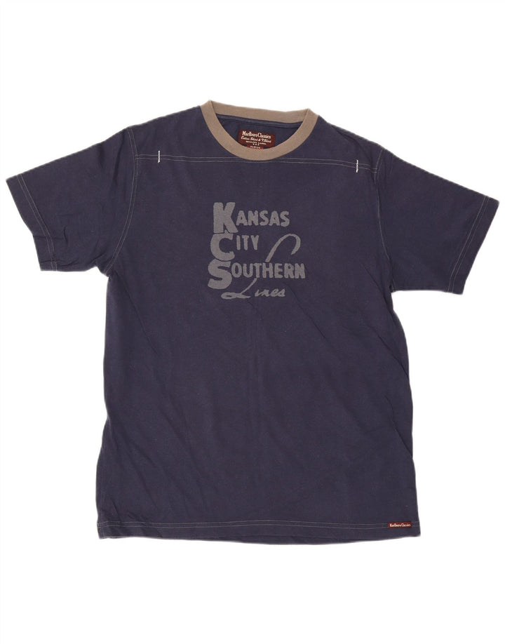 Camiseta gráfica masculina Marlboro Classics Top médio algodão azul marinho