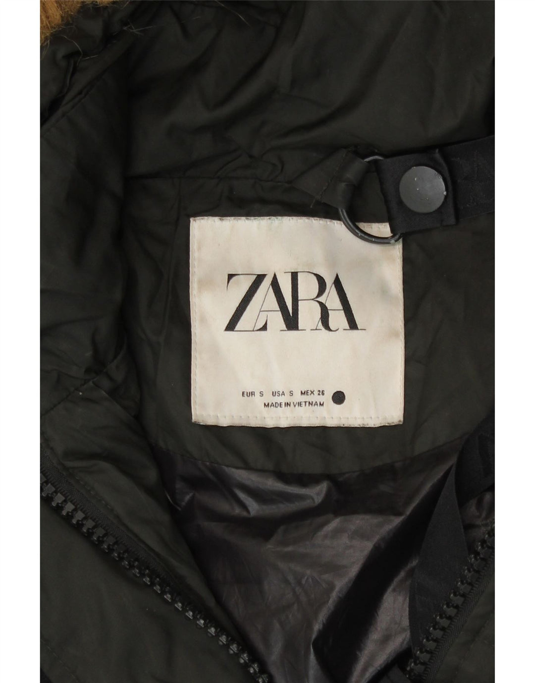 Casaco acolchoado com capuz grande Zara feminino Reino Unido 10 pequeno preto nylon