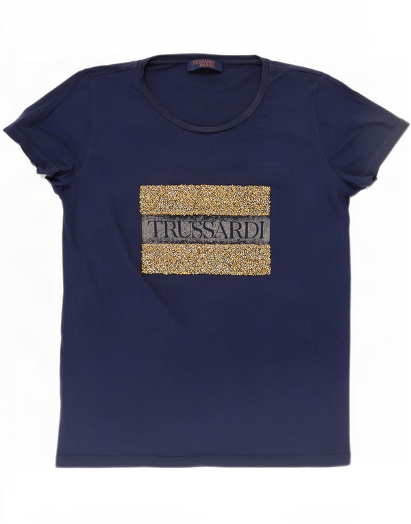 Camiseta feminina Trussardi Jeans com estampa gráfica UK 16 grande algodão azul marinho