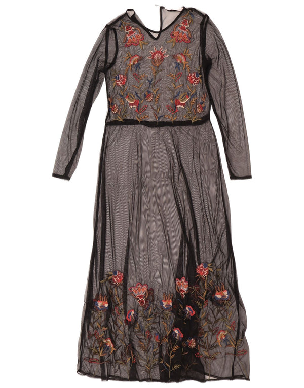 Zara Vestido maxi feminino Trafaluc manga comprida Reino Unido 10 pequeno preto floral