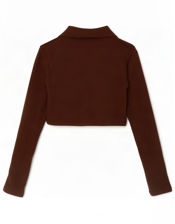 Camisa polo feminina Zara Crop manga comprida Reino Unido 8 pequeno algodão marrom