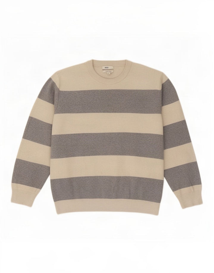 Suéter masculino Marks & Spencer com gola redonda XL poliéster listrado bege