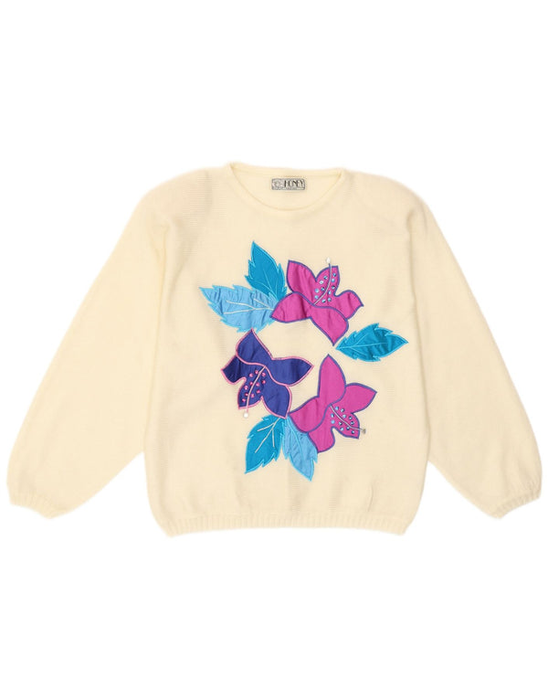 Suéter feminino vintage com gola redonda, tamanho único, acrílico floral branco