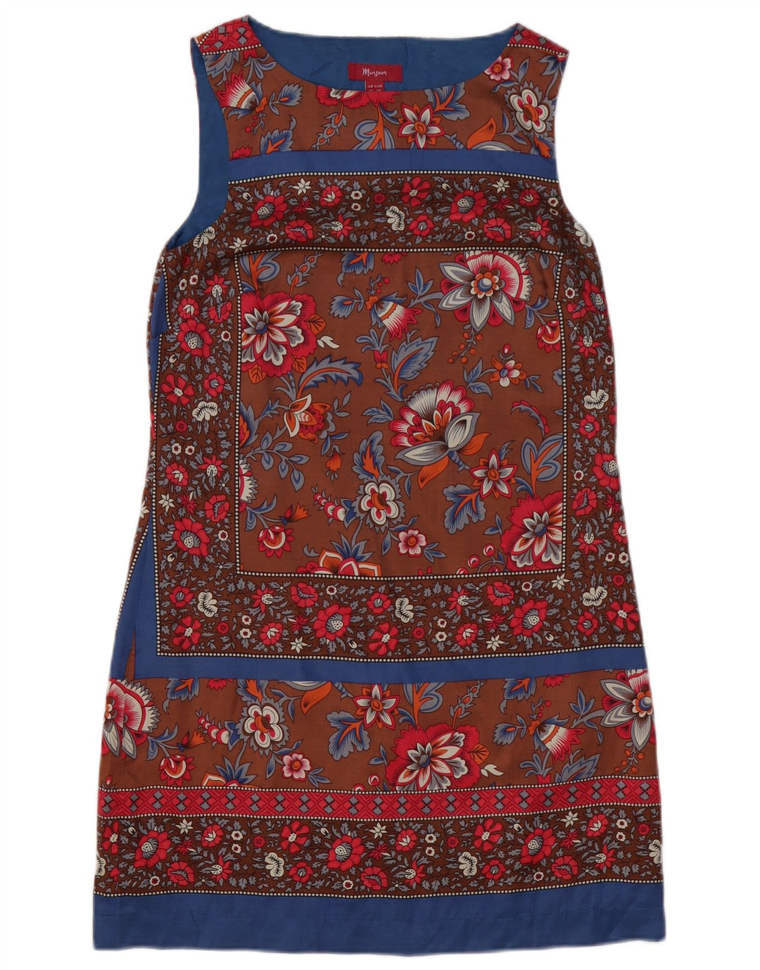 Vestido feminino MONSOON sem mangas, tamanho UK 10, pequeno, marrom, floral, poliéster