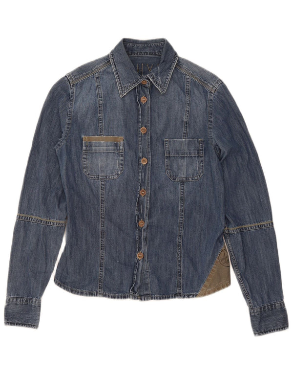 Camisa Jeans Feminina Murphy & Nye UK 10 Pequena Azul Colorblock