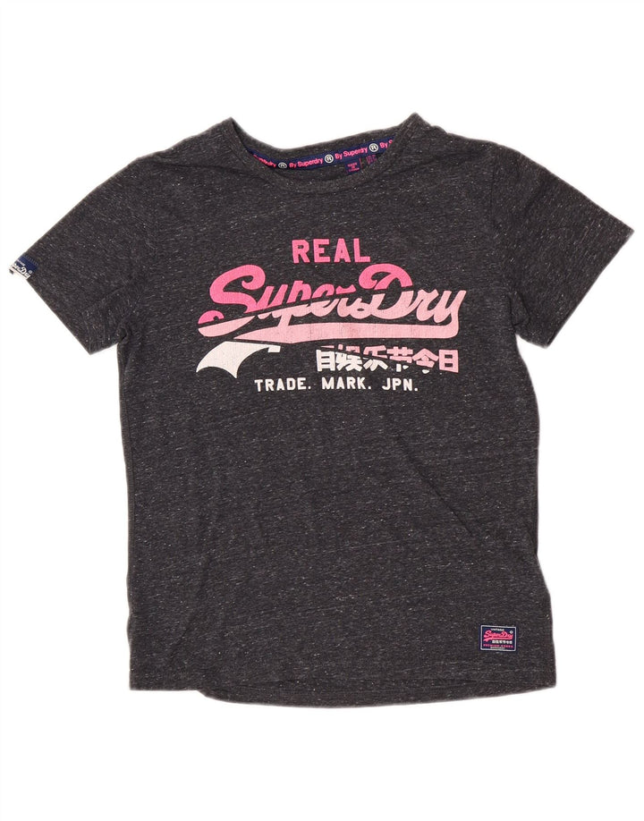 Camiseta feminina Superdry com estampa gráfica UK 10 algodão manchado cinza pequeno