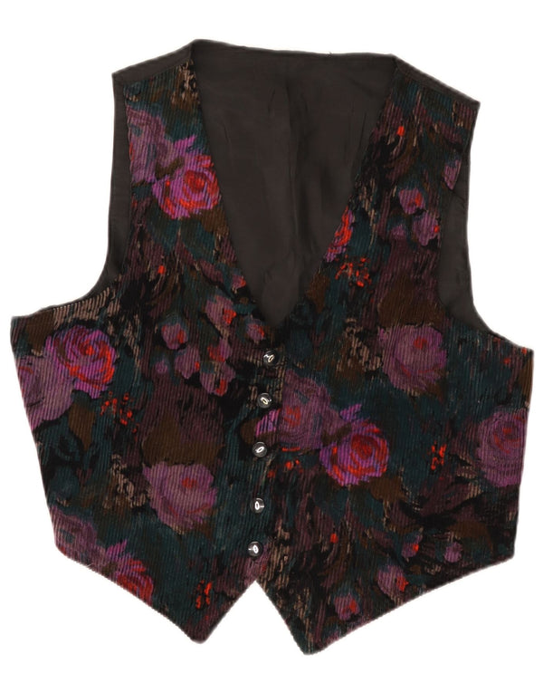 Colete de veludo feminino vintage Reino Unido 14 grande floral multicolorido