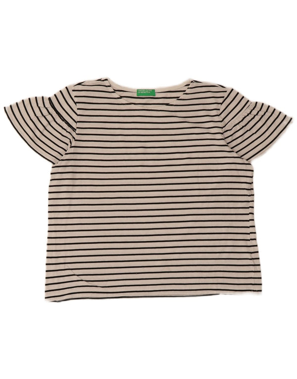 Camiseta feminina de manga curta Benetton UK 16 listrada branca grande