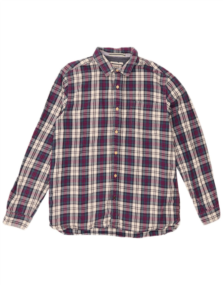 Camisa masculina de flanela com ajuste clássico branco material roxo médio algodão xadrez