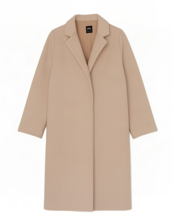 Sobretudo aberto feminino Zara UK 12 poliéster bege médio