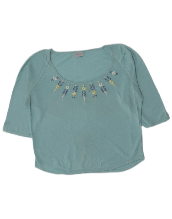Top curto feminino Oasis manga 3/4 Reino Unido 16 grande algodão floral azul
