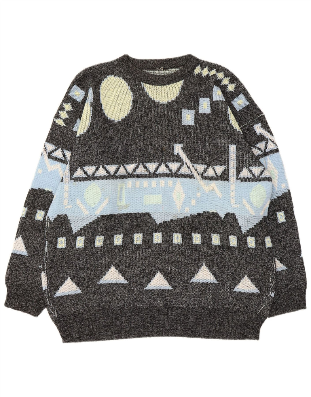 Suéter vintage masculino com gola redonda grande cinza geométrico