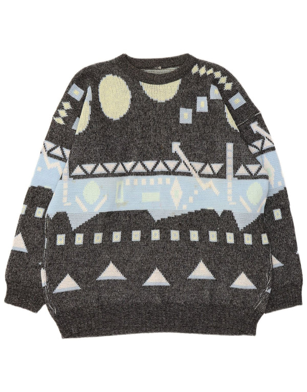 Suéter vintage masculino com gola redonda grande cinza geométrico