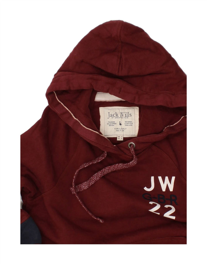 JACK WILLS Womens Graphic Hoodie Jumper UK 4 XS Burgundy Cotton Vintage Jack Wills and Second-Hand Jack Wills from Messina Hembry 