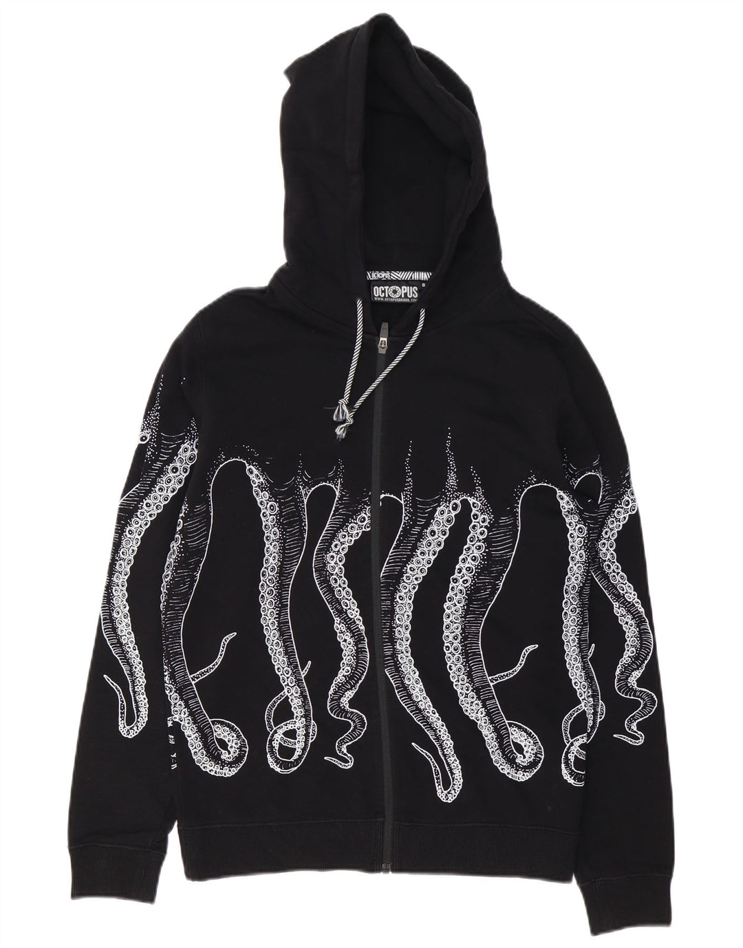 Suéter masculino com capuz e zíper gráfico Octopus pequeno algodão preto
