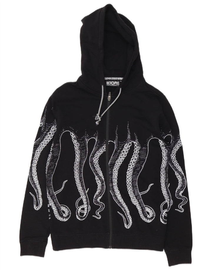 Suéter masculino com capuz e zíper gráfico Octopus pequeno algodão preto