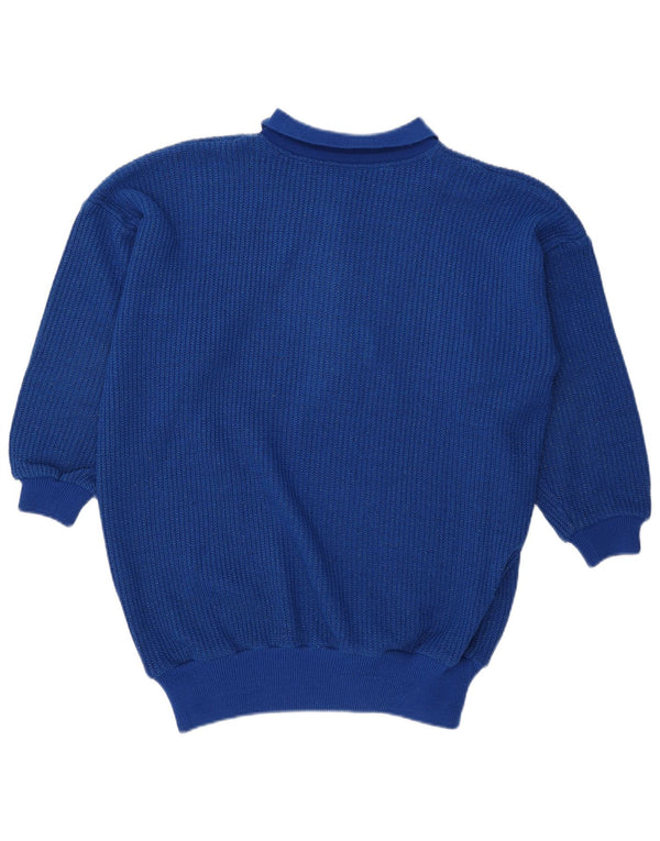 Suéter feminino vintage de grandes dimensões com gola polo, Reino Unido 10, acrílico azul pequeno