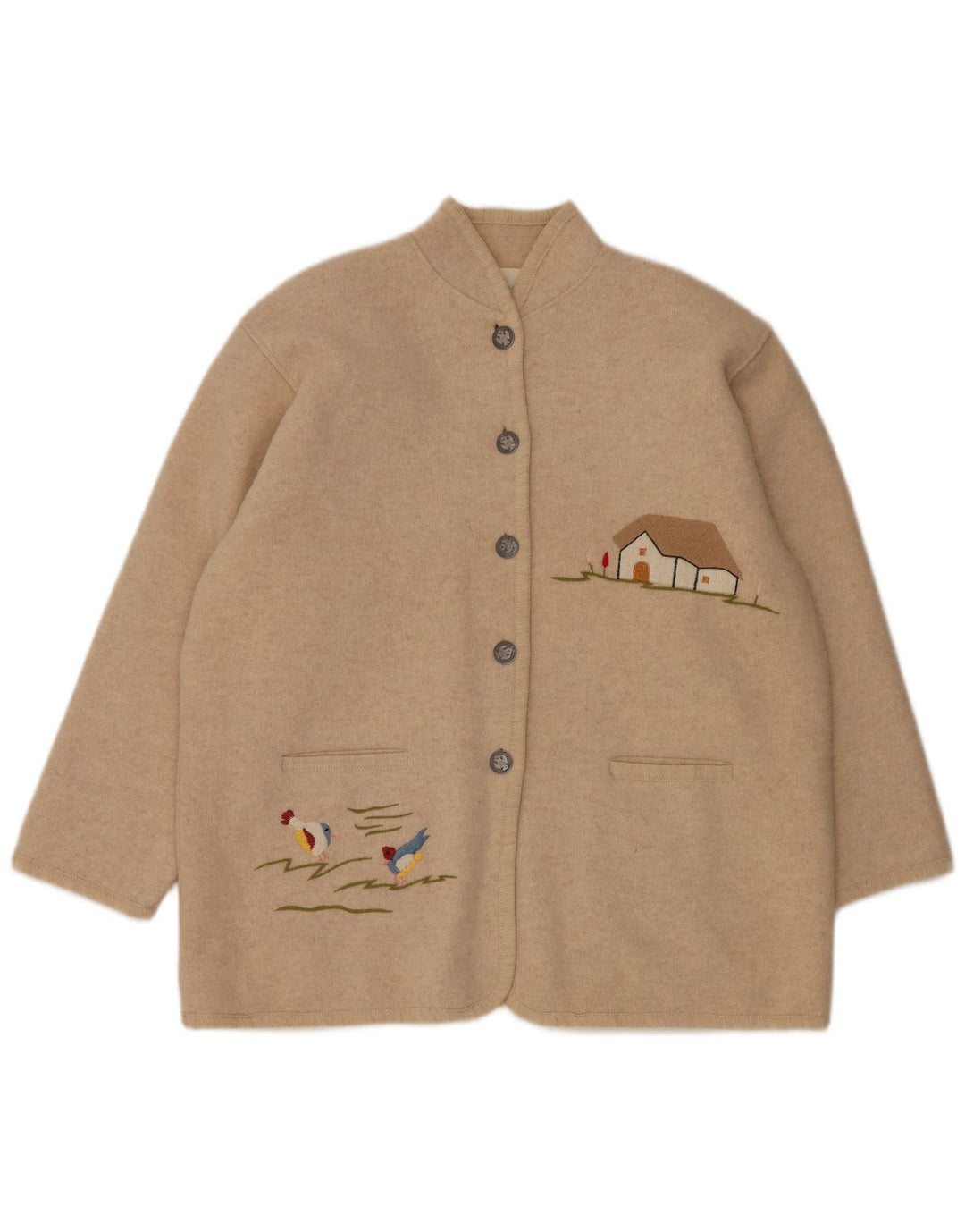 Jaqueta blazer feminina VINTAGE gráfica com 5 botões Reino Unido 14 grande bege