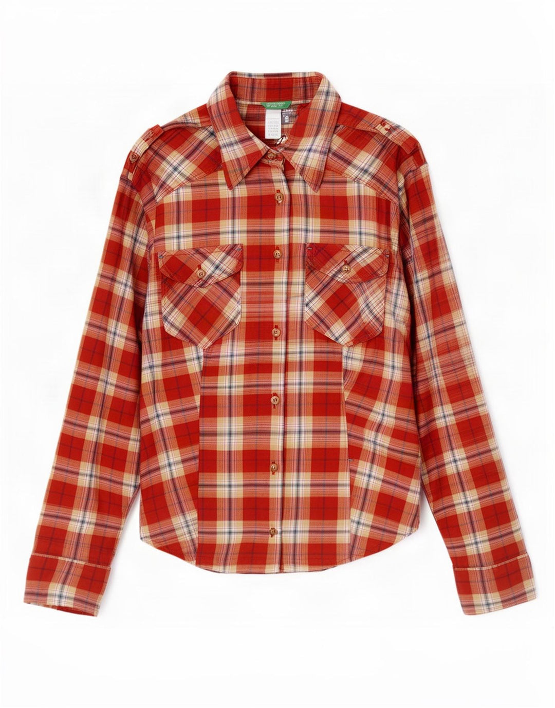 Camisa militar feminina de flanela Benetton UK 12 xadrez vermelho médio