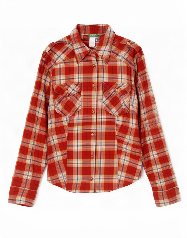 Camisa militar feminina de flanela Benetton UK 12 xadrez vermelho médio