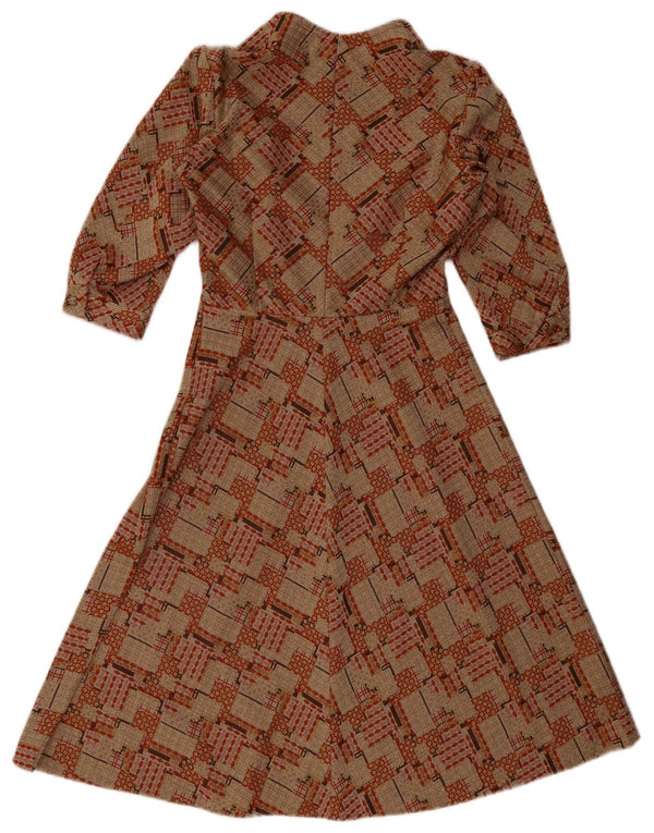 Vestido feminino vintage manga 3/4 linha A Reino Unido 10 pequeno marrom geométrico