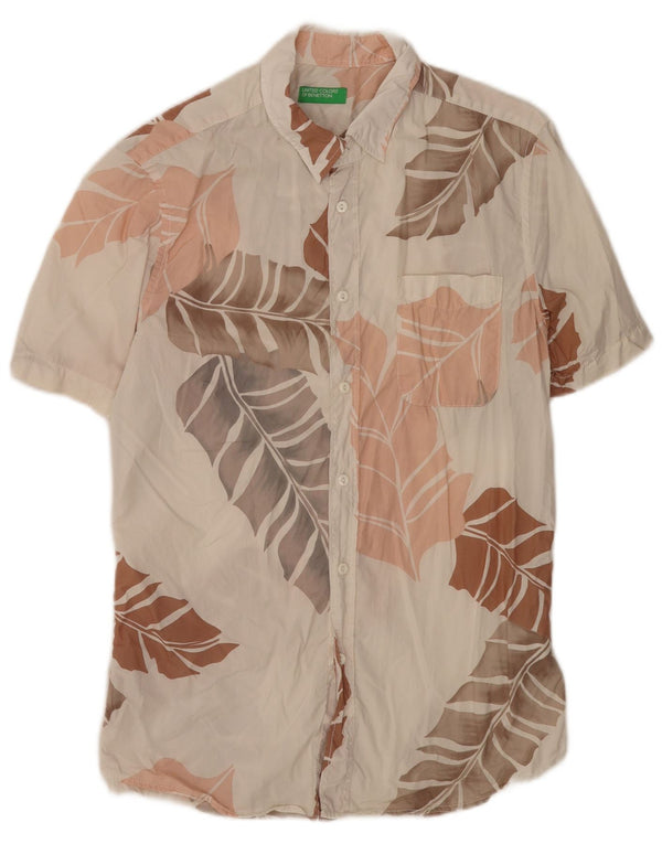 Camisa masculina de manga curta Benetton médio branco floral algodão