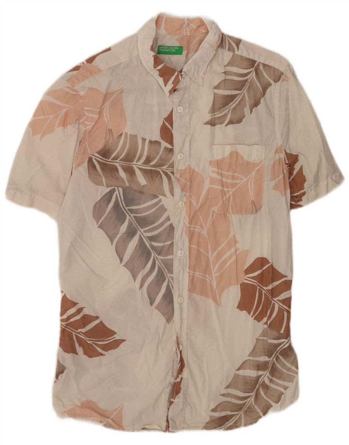 Camisa masculina de manga curta Benetton médio branco floral algodão