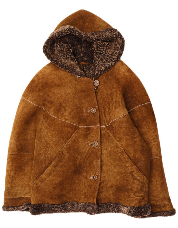 Jaqueta feminina vintage com capuz e shearling de grandes dimensões IT 44 marrom médio